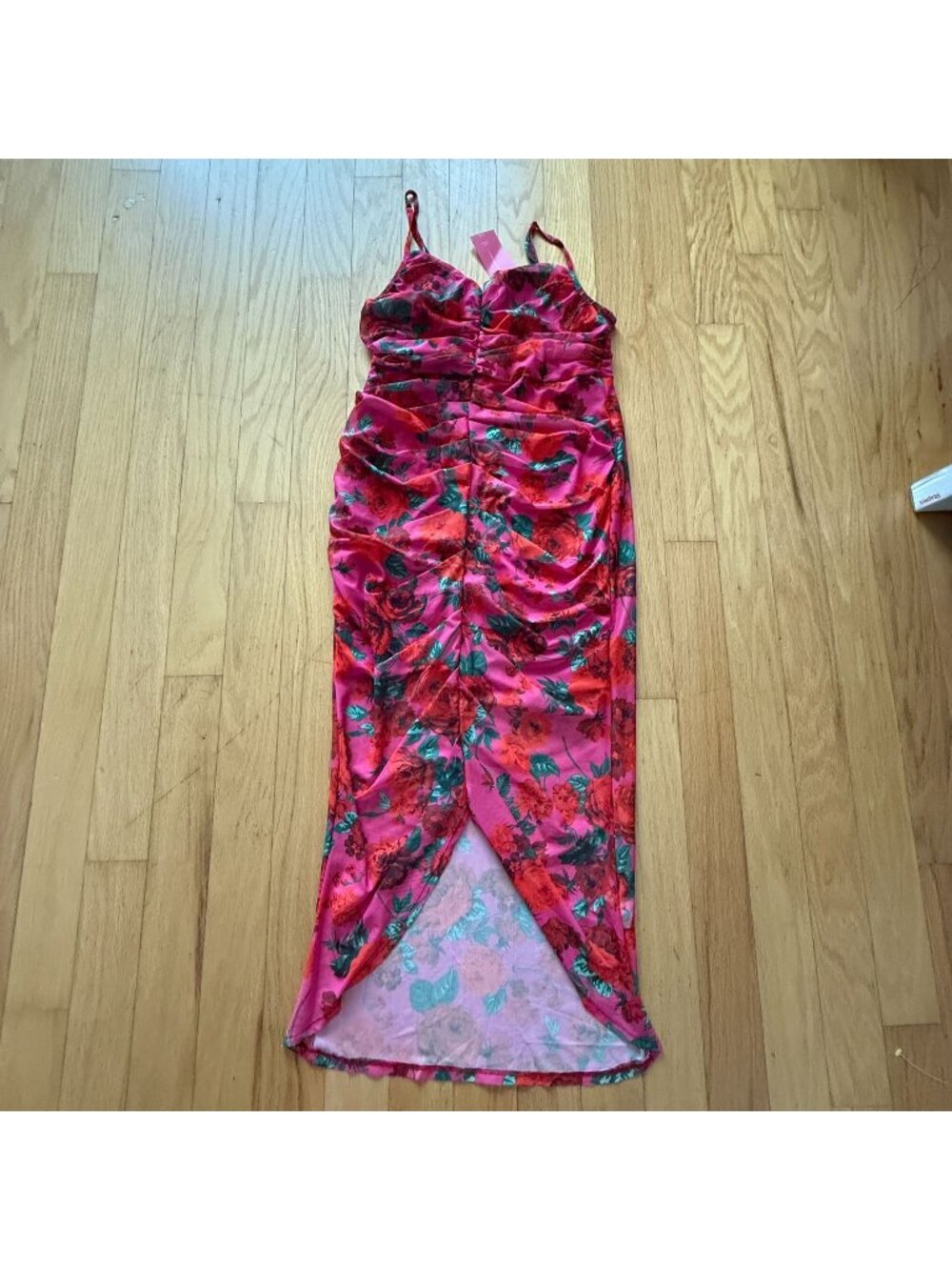 Shein Curve Women's XL Pink/Red Floral Ruched Mesh Midi Dress